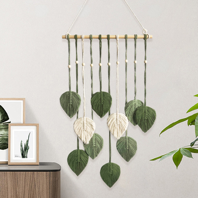 Wall Scroll Tapestry - Handgemaakt bladtapijt met houten kralen, decoratieve